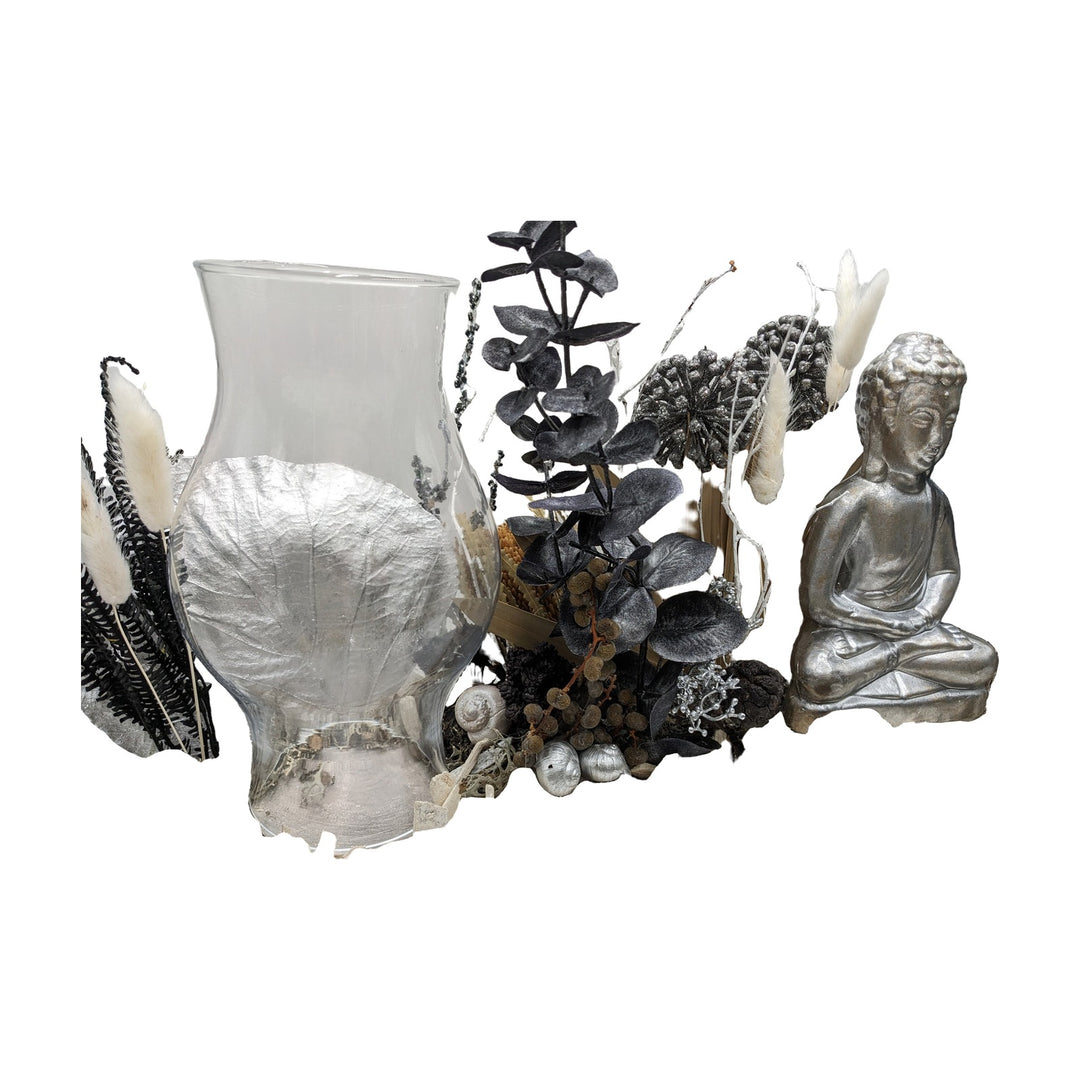 Freigestellt Dekorationsgesteck Windlicht Buddha Allium Schnecke schwarz silber