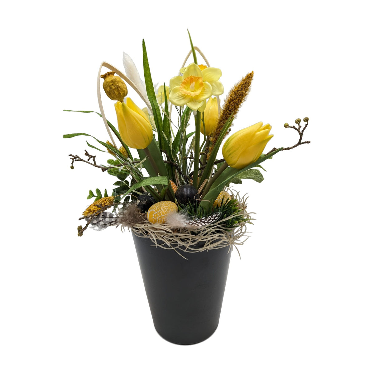 Freigestellt Ostergesteck Tulpen Narzisse Eier Federn Mohnkapsel gelb