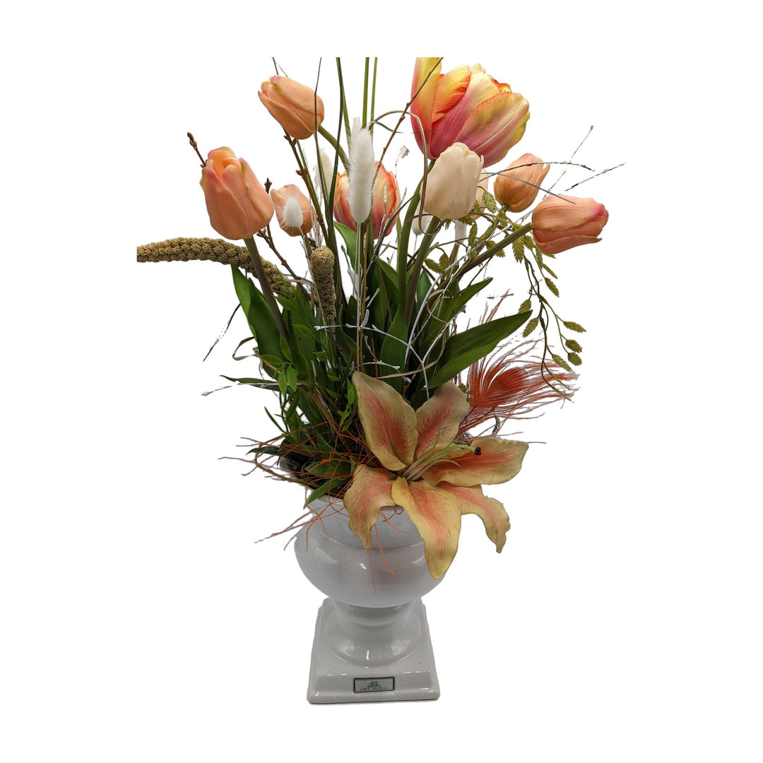 Freigestellt Frühlingsgesteck Tulpen Lilie Feder Gräser orange creme