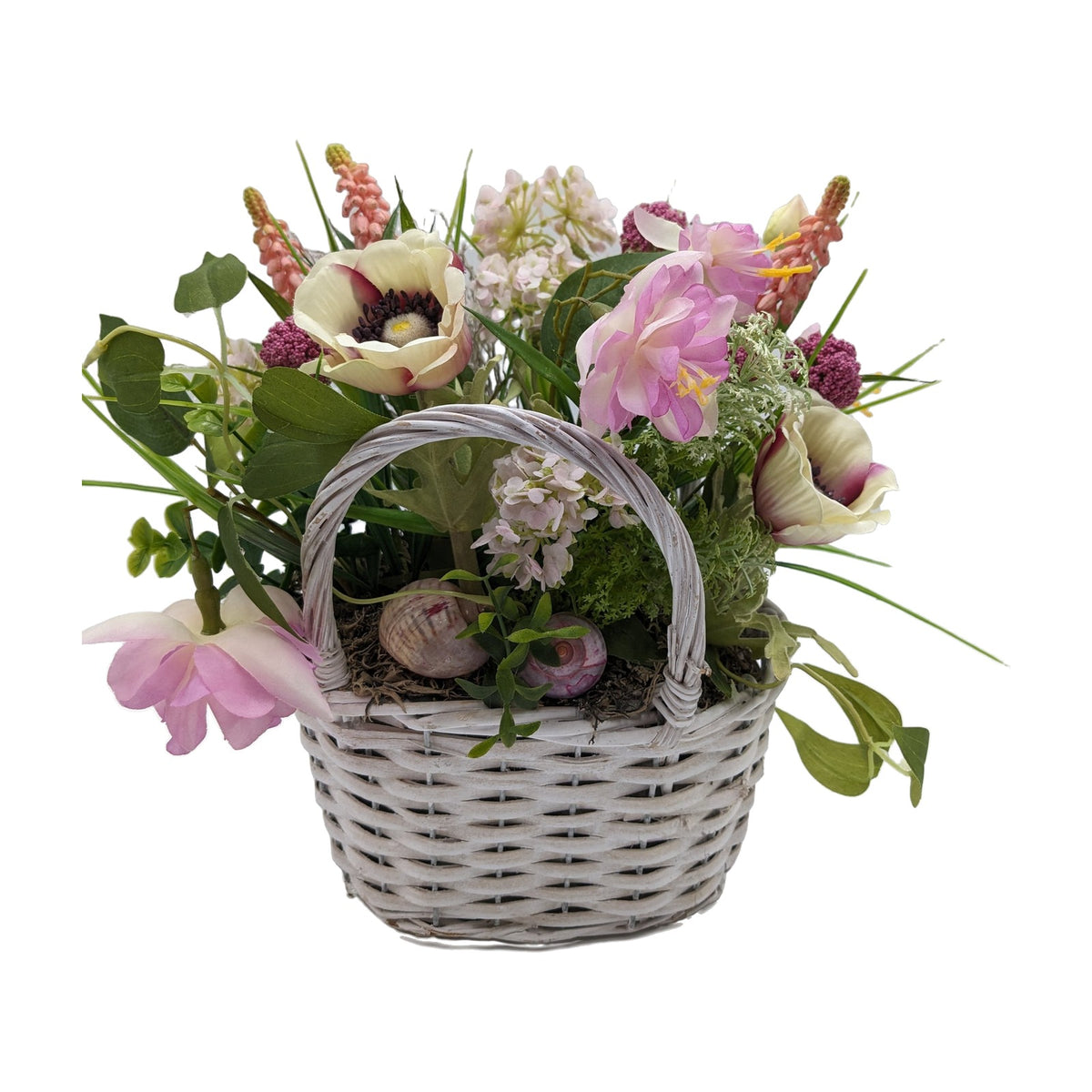 Freigestellt Frühlingsgesteck Korb Hyazinthe Anemone Schnecke rosa weiß