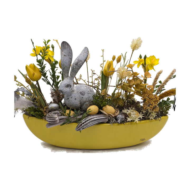 Freigestellt Ostergesteck Hase Tulpen Narzissen Eier gelb grau