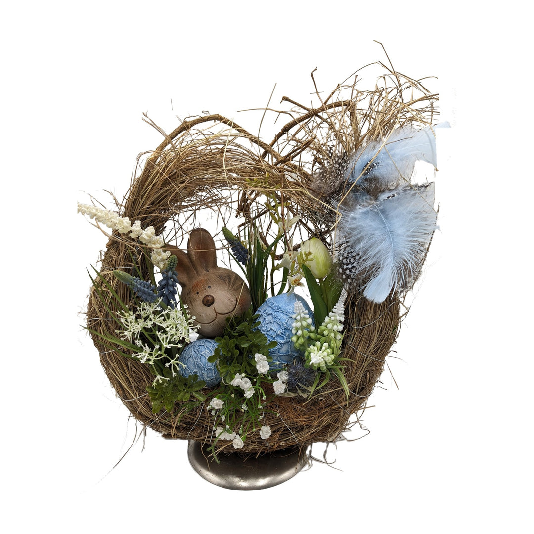 Freigestellt Ostergesteck Hase Eier Federn Tulpe blau weiß natur