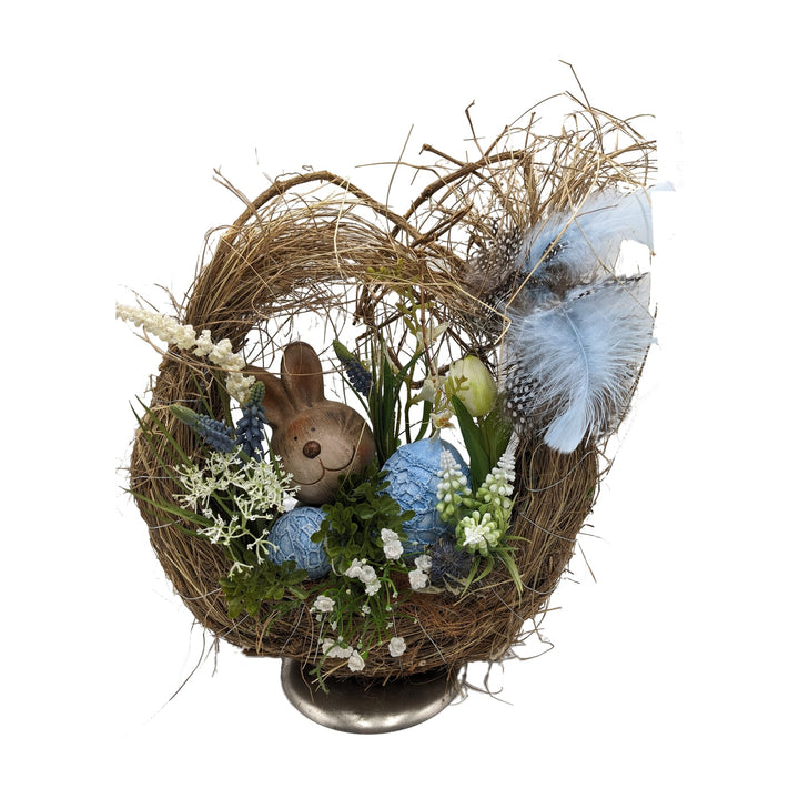 Freigestellt Ostergesteck Hase Eier Federn Tulpe blau weiß natur