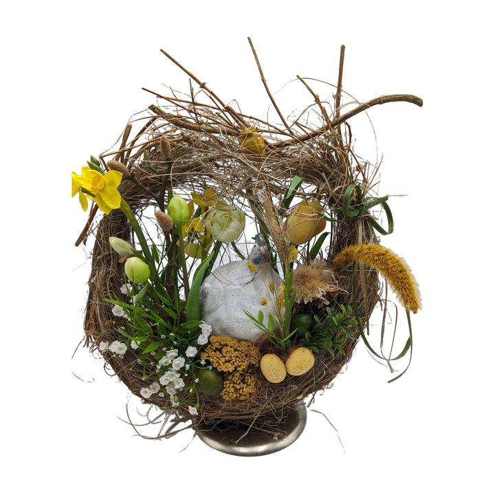 Freigestellt Ostergesteck Huhn Eier Tulpen Narzissen gelb grün