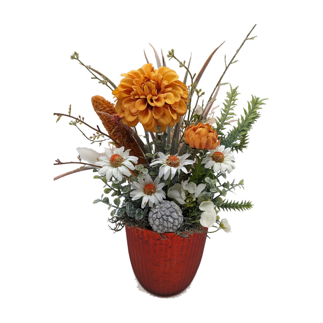 Freigestellt Sommergesteck Margeriten Chrysanthemen Eukalyptus orange weiß