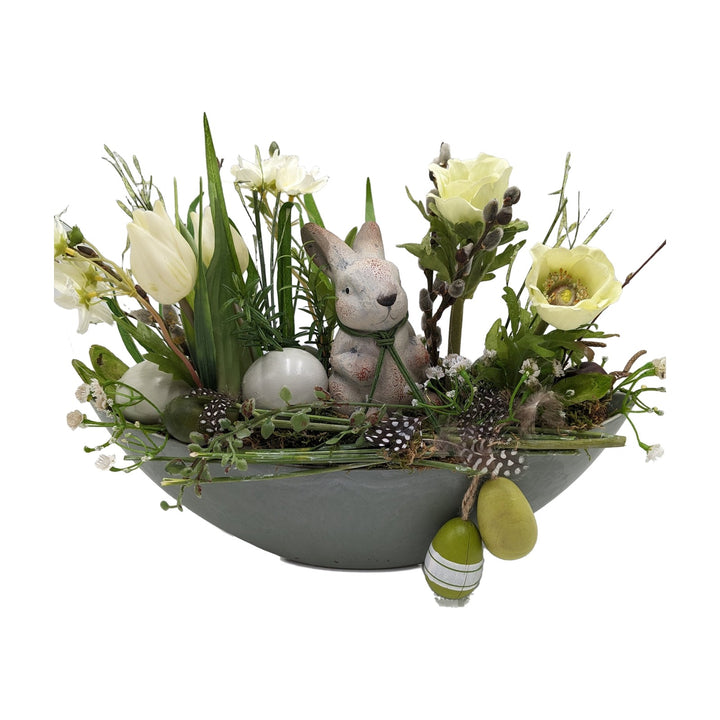 Freigestellt Ostergesteck Hase Tulpen Eier Federn creme grün