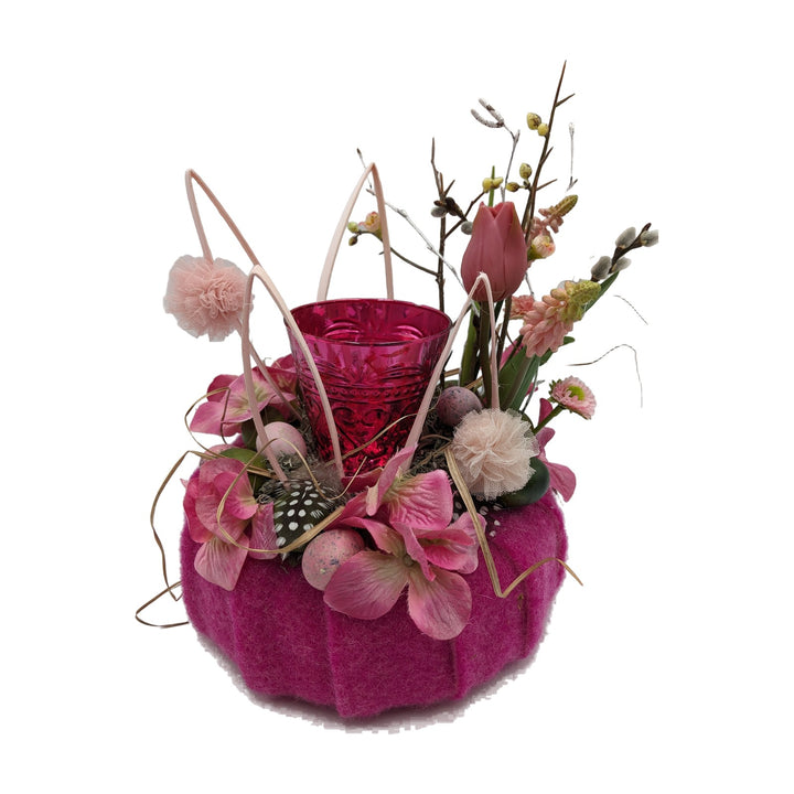 Freigestellt Ostergesteck Teelicht Tulpe Eier Federn pink rosa