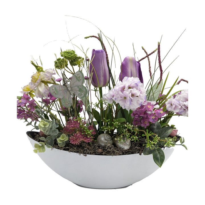 Freigestellt Sommergesteck Tulpe Schmetterling Schnecke Schale lila weiß
