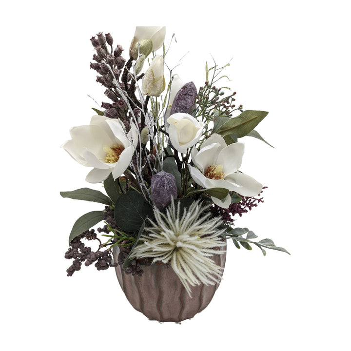 Freigestellt Sommergesteck Magnolien Beeren Gräser creme lila