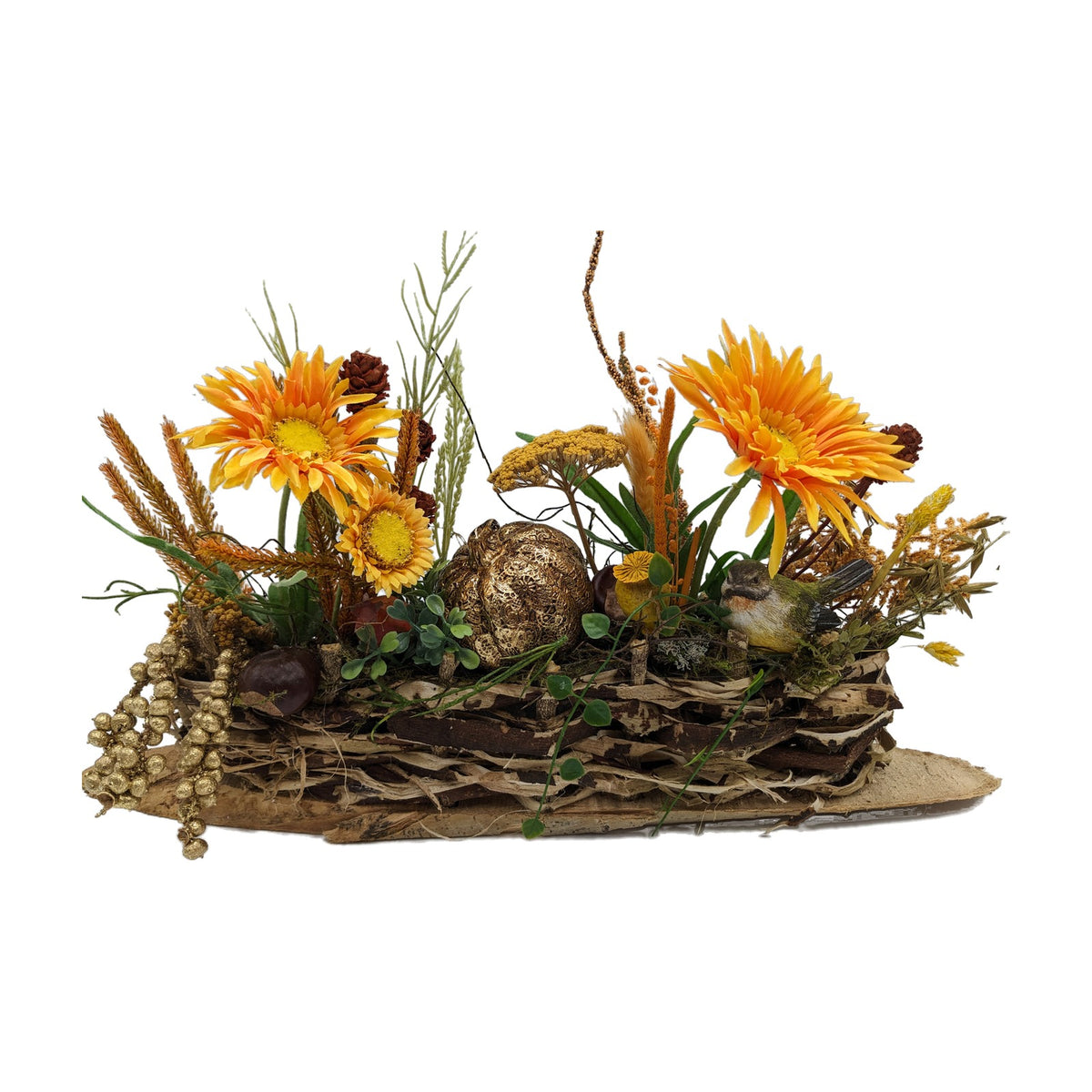 Freigestellt Herbstgesteck Kürbis Vogel Mohn Gerbera gelb gold