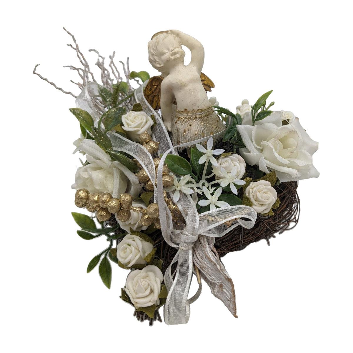 Freigestellt Trauergesteck Herz Rosen Engel Beeren creme gold