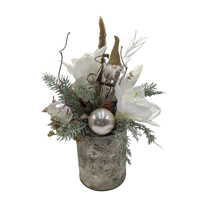 Freigestellt Weihnachtsgesteck Amaryllis Kugel Zapfen Wichtel creme gold
