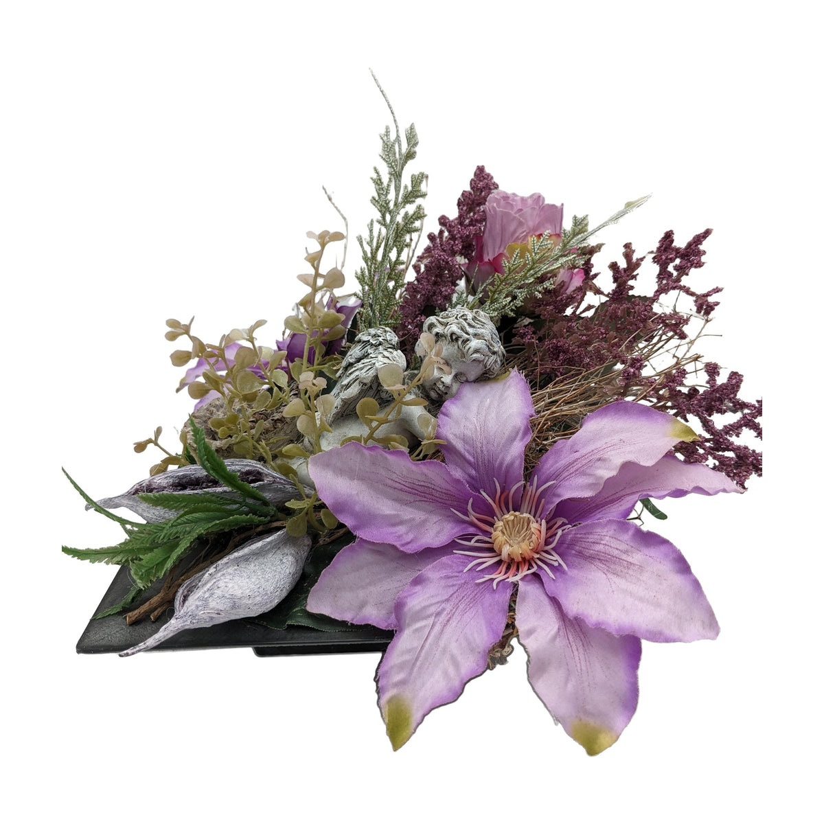 Freigestellt Trauergesteck Engel Clematis Rose lila Grabschmuck