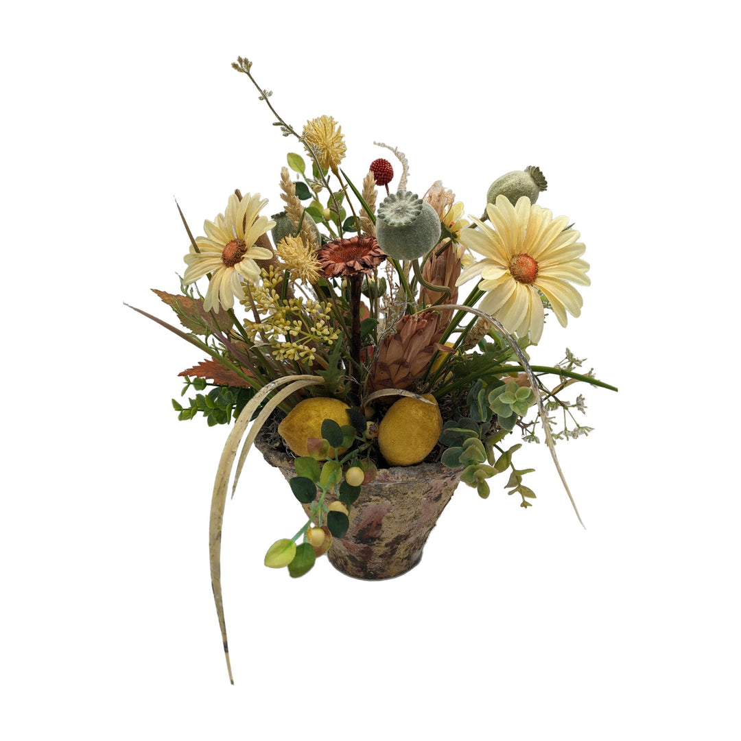 Freigestellt Sommergesteck Gerbera Zitrone Mohnkapseln gelb natur