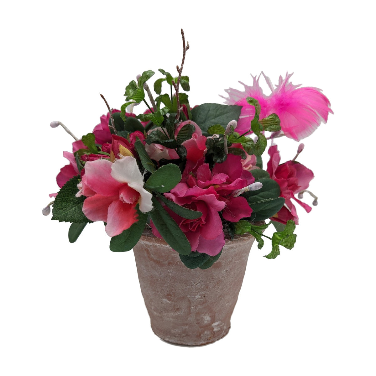 Freigestellt Sommergesteck Azalee Federschmetterling Weidenkätzchen rosa pink