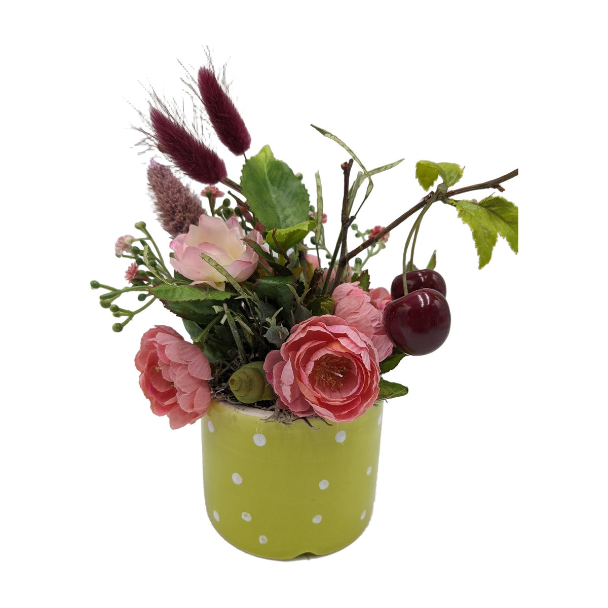Freigestellt Sommergesteck Rosen Kirschen Schnecke rosa grün im Topf