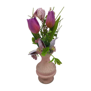 Freigestellt Seidenblumengesteck Frühlingsgesteck Tulpen Schachbrettblume lila rosa