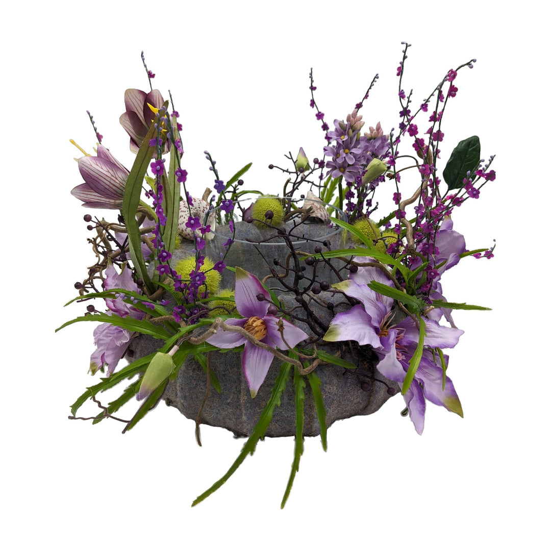 Freigestellt Sommergesteck Windlicht Clematis Hyazinthen lila