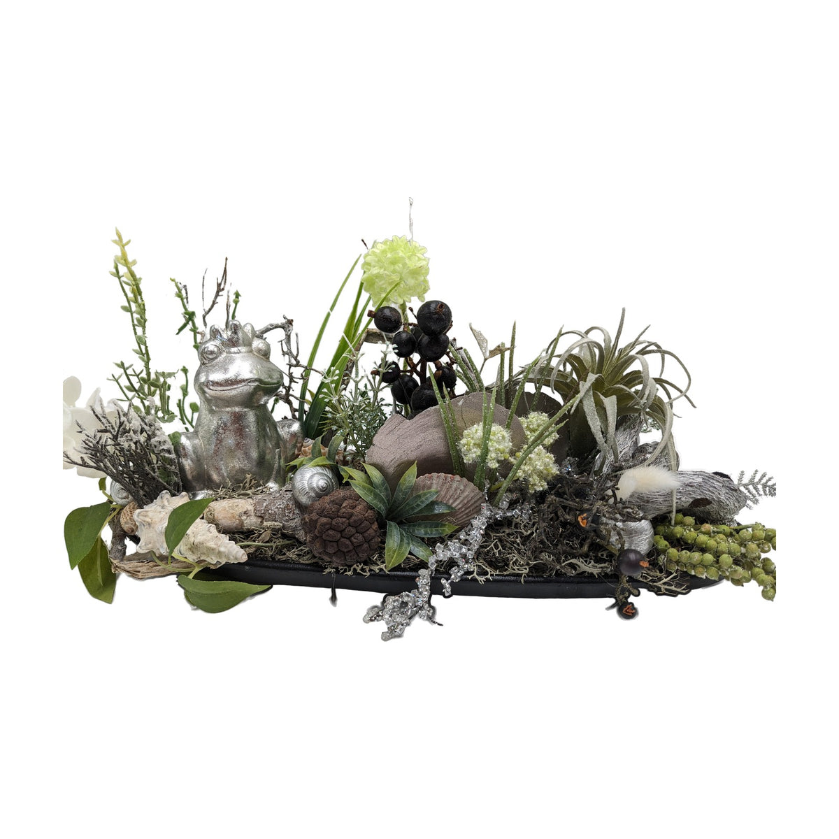 Freigestellt Sommergesteck Frosch Schnecke Muscheln Beeren silber schwarz