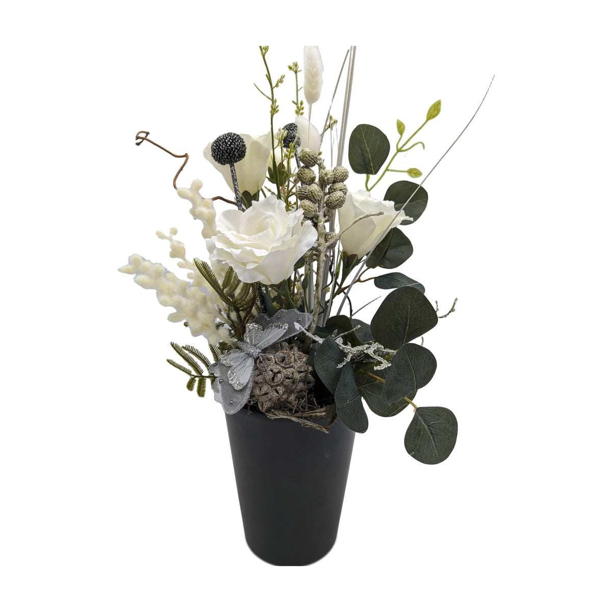 Freigestellt Sommergesteck modern Rosen Schmetterling weiß schwarz