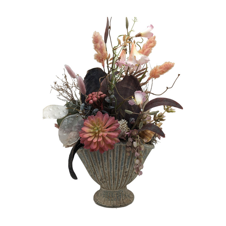 Freigestellt Sommergesteck maritim mit Schnecken, Blüten & Gräsern rosa creme