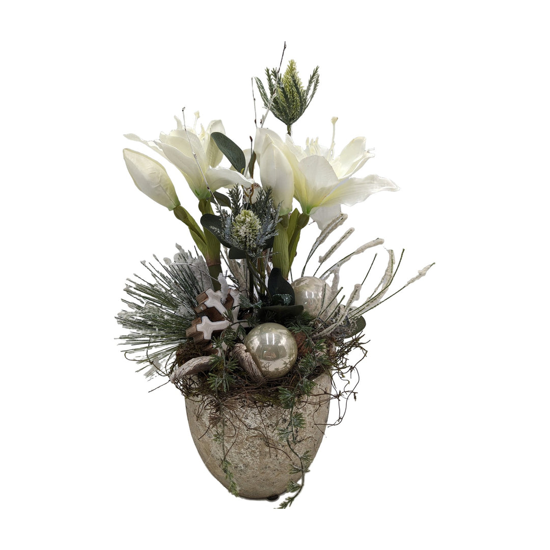 Freigestellt Weihnachtsgesteck Amaryllis Kugeln Stern weiß creme