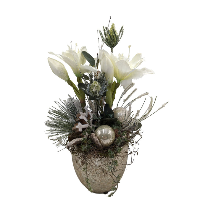 Freigestellt Weihnachtsgesteck Amaryllis Kugeln Stern weiß creme