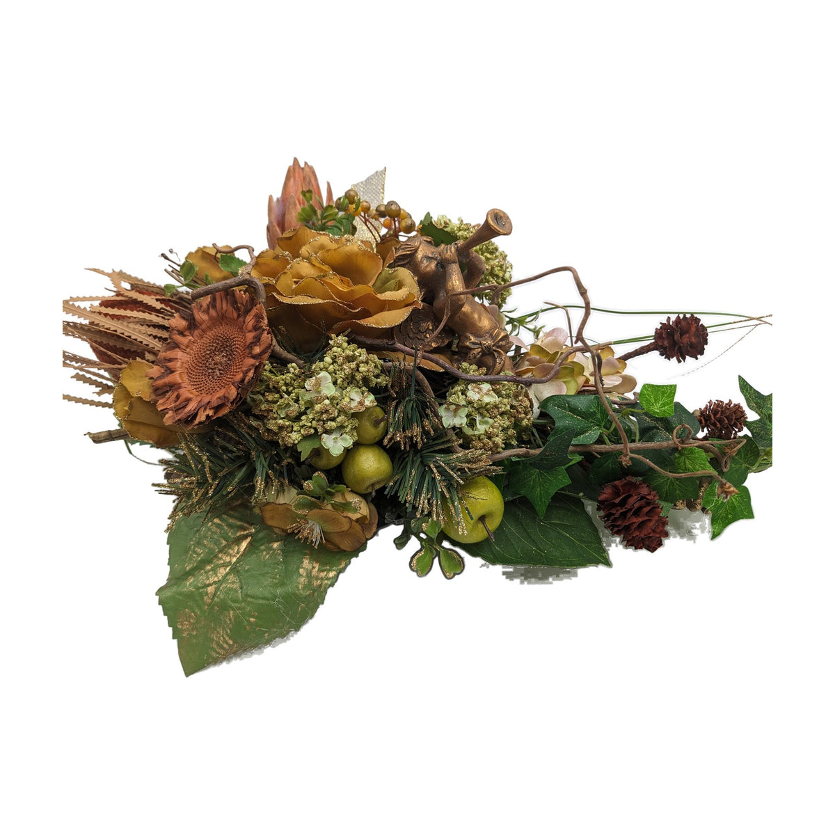 Freigestellt Trauergesteck Engel Apfel Zapfen Rosen Efeu gold grün