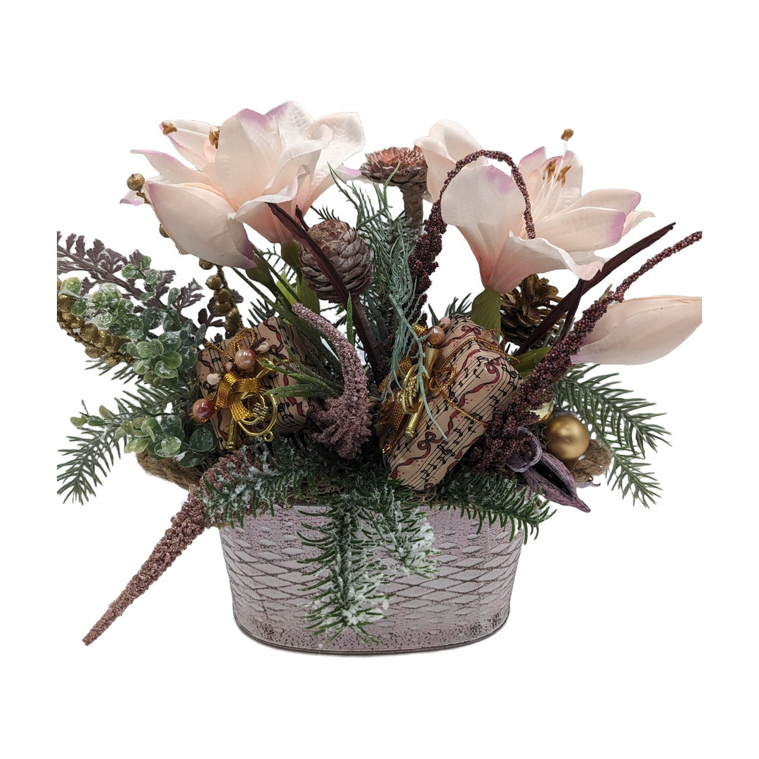 Freigestellt Weihnachtsgesteck Amaryllis Zapfen Geschenke rosa grün