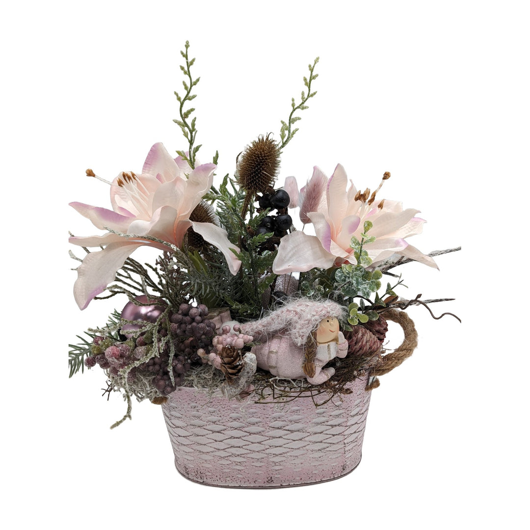 Freigestellt Weihnachtsgesteck Amaryllis Kugeln Mädchen rosa lila
