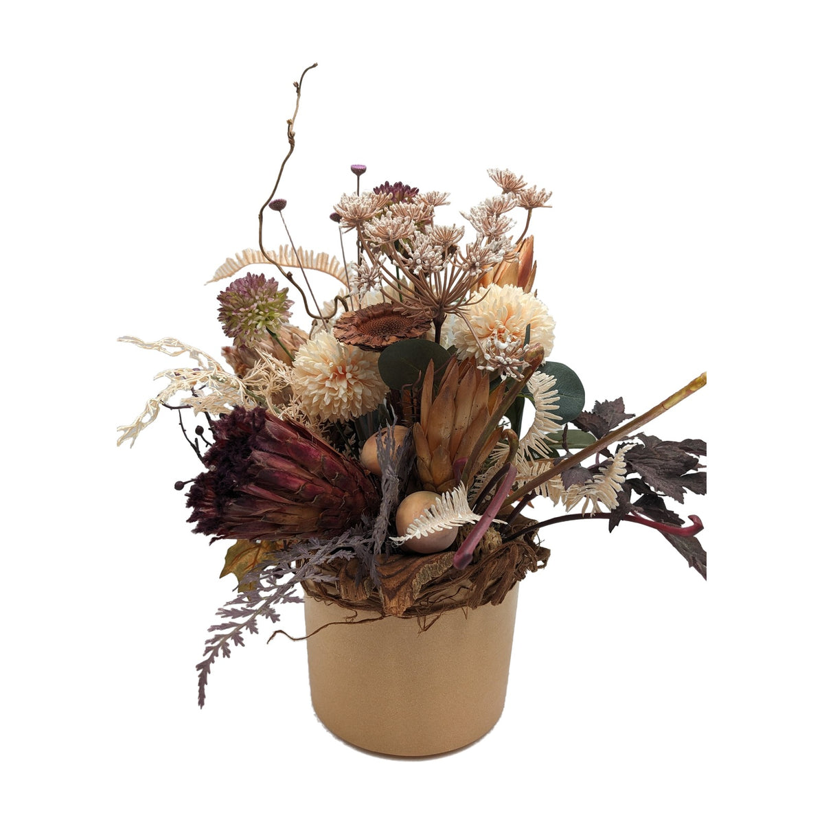 Freigestellt Herbstgesteck Allium Chrysantheme Protea apricot lila