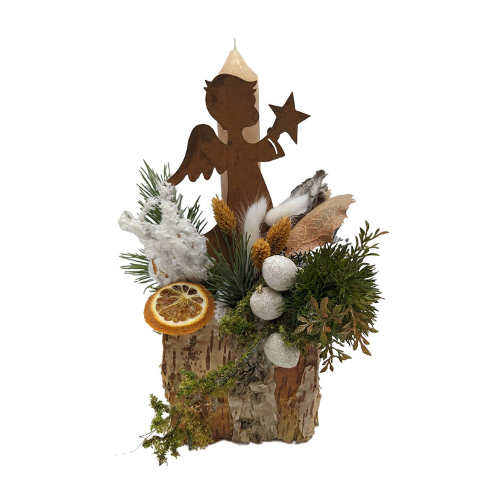 Freigestellt Weihnachtsgesteck Engel Kerze Orangenscheibe creme orange