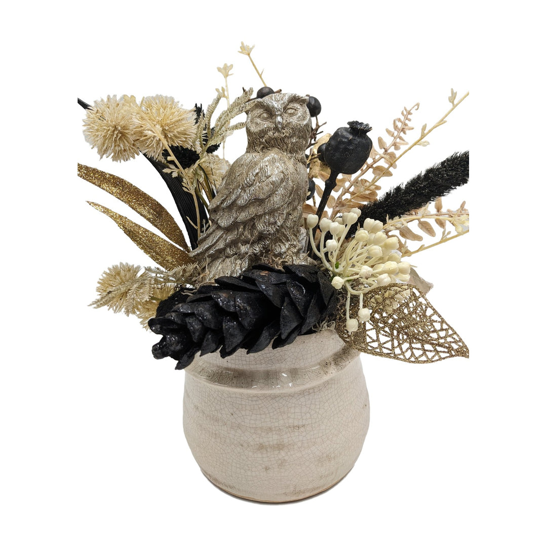 Freigestellt Herbstgesteck Eule Mohnkapseln Zapfen creme schwarz gold
