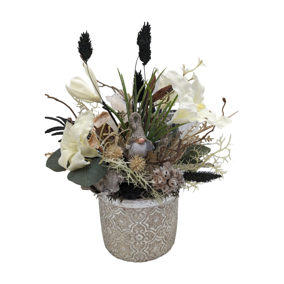 Freigestellt Wintergesteck Wichtel Amaryllis Gräser weiß creme