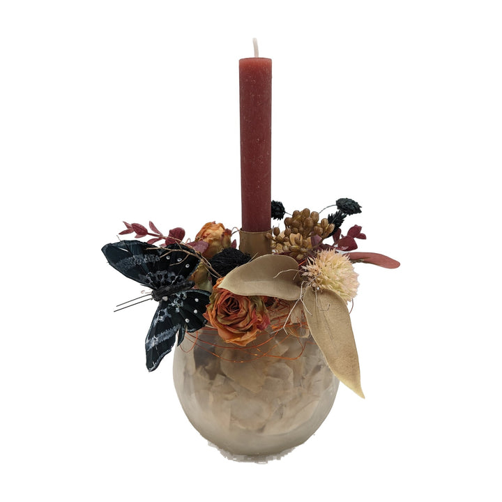 Freigestellt Sommergesteck Schmetterling Rosen Kerze creme orange
