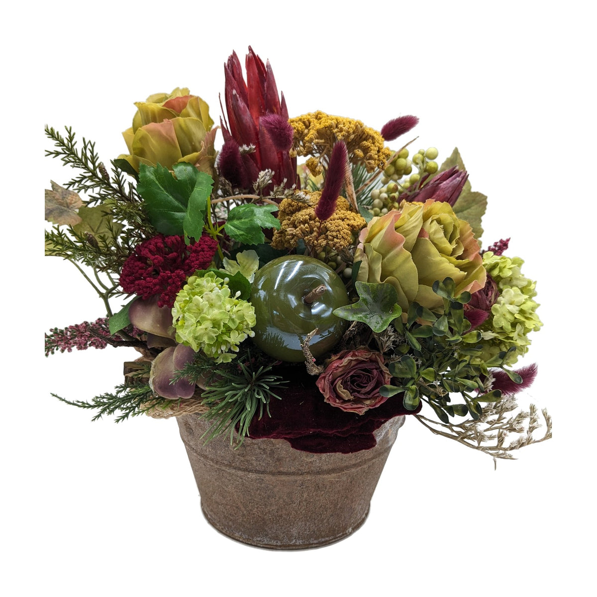 Freigestellt Herbstgesteck Apfel Rosen Heide Beeren grün dunkelrot