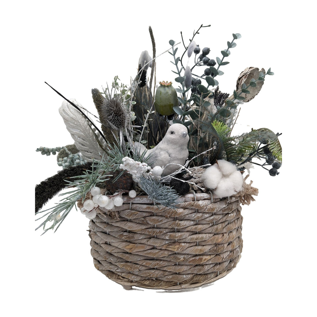 Freigestellt Wintergesteck Vogel Mohnkapsel Distel im Korb weiß grün