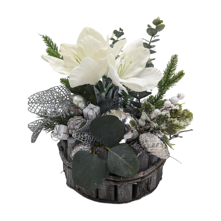 Freigestellt Weihnachtsgesteck Amaryllis Kugel Geschenk weiß silber