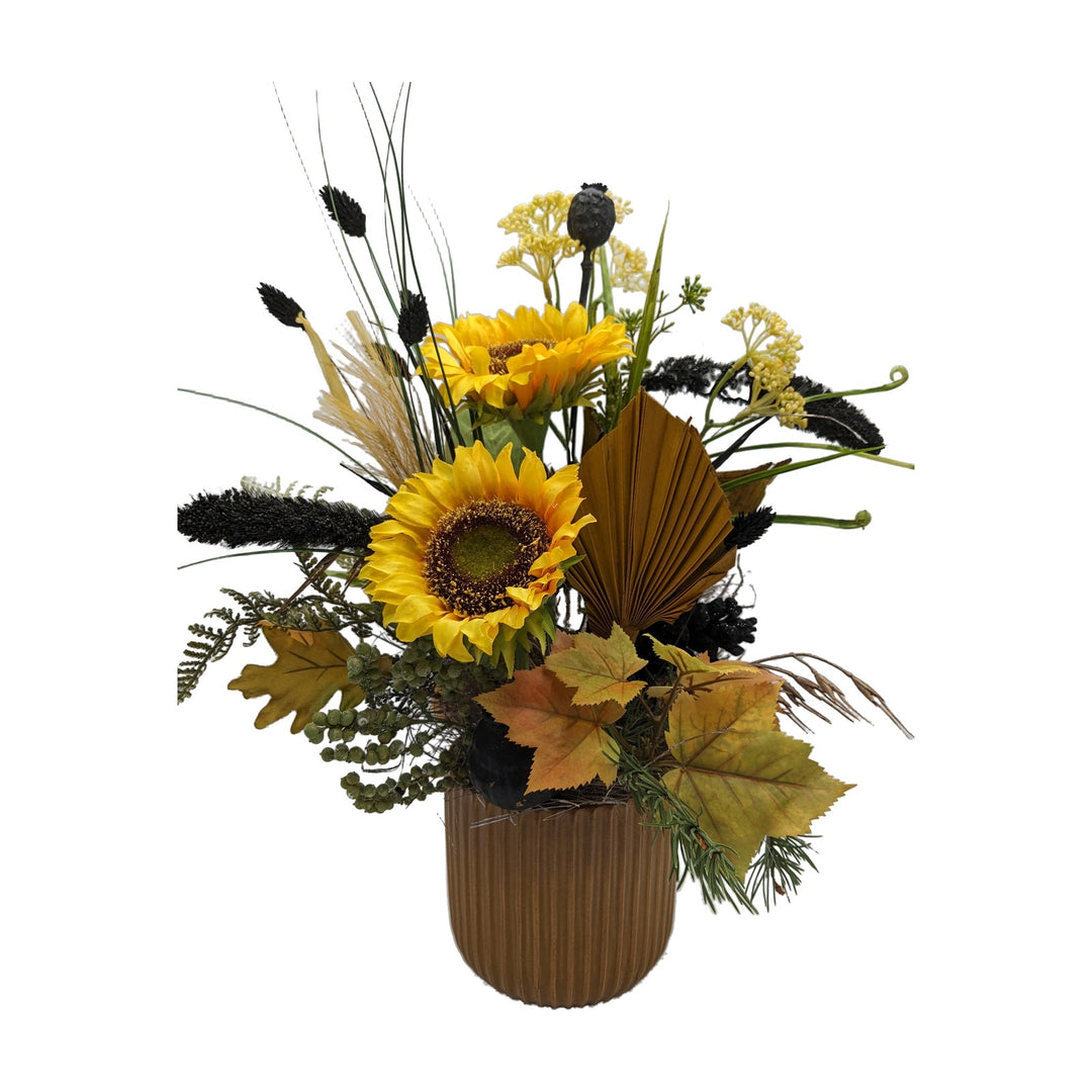 Freigestellt Herbstgesteck Sonnenblumen Mohnkapseln Laub gelb schwarz