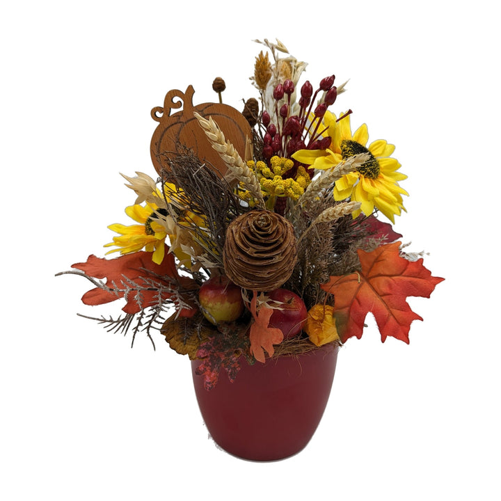 Freigestellt Herbstgesteck Sonnenblume Apfel Zapfen Kürbis gelb orange