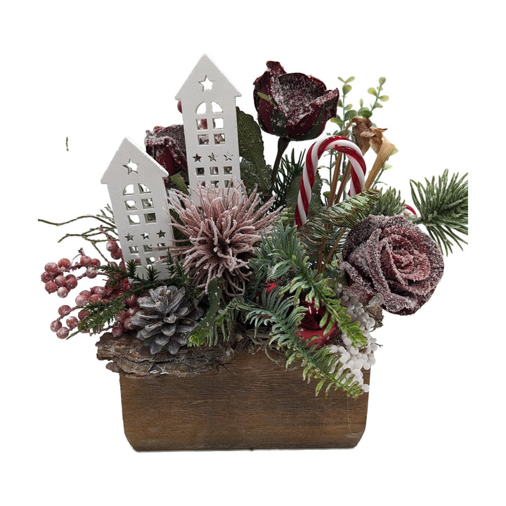 Freigestellt Weihnachtsgesteck Rosen Zuckerstange Häuser rot weiß