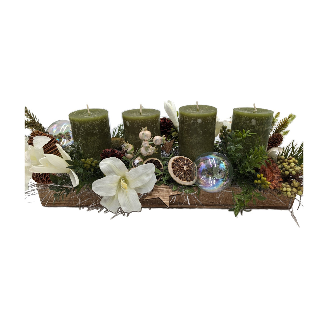 Freigestellt Adventsgesteck Kugeln Orangen Stern Amaryllis grün creme