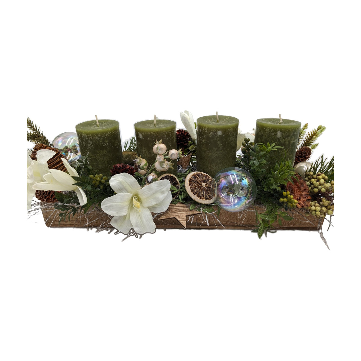 Freigestellt Adventsgesteck Kugeln Orangen Stern Amaryllis grün creme