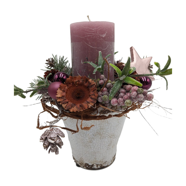 Freigestellt Weihnachtsgesteck Kerze Kugeln Stern Zapfen rosa altrosa