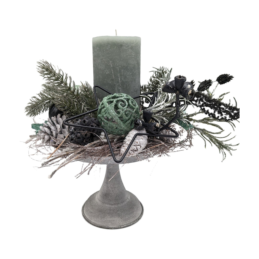 Freigestellt Weihnachtsgesteck Kerze Kugel Stern Zapfen salbei schwarz