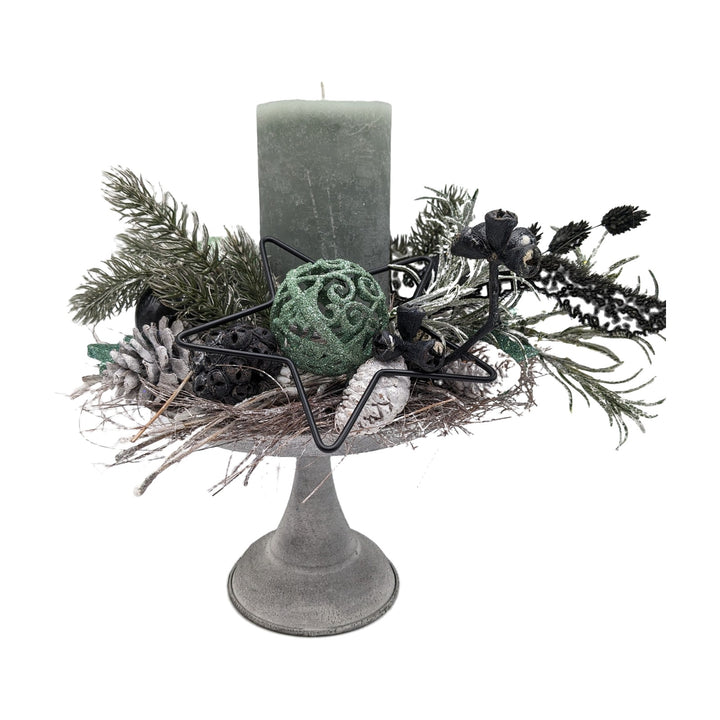 Freigestellt Weihnachtsgesteck Kerze Kugel Stern Zapfen salbei schwarz