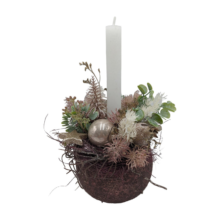 Freigestellt Weihnachtsgesteck Kerze Kugel Stern Distel creme rosa