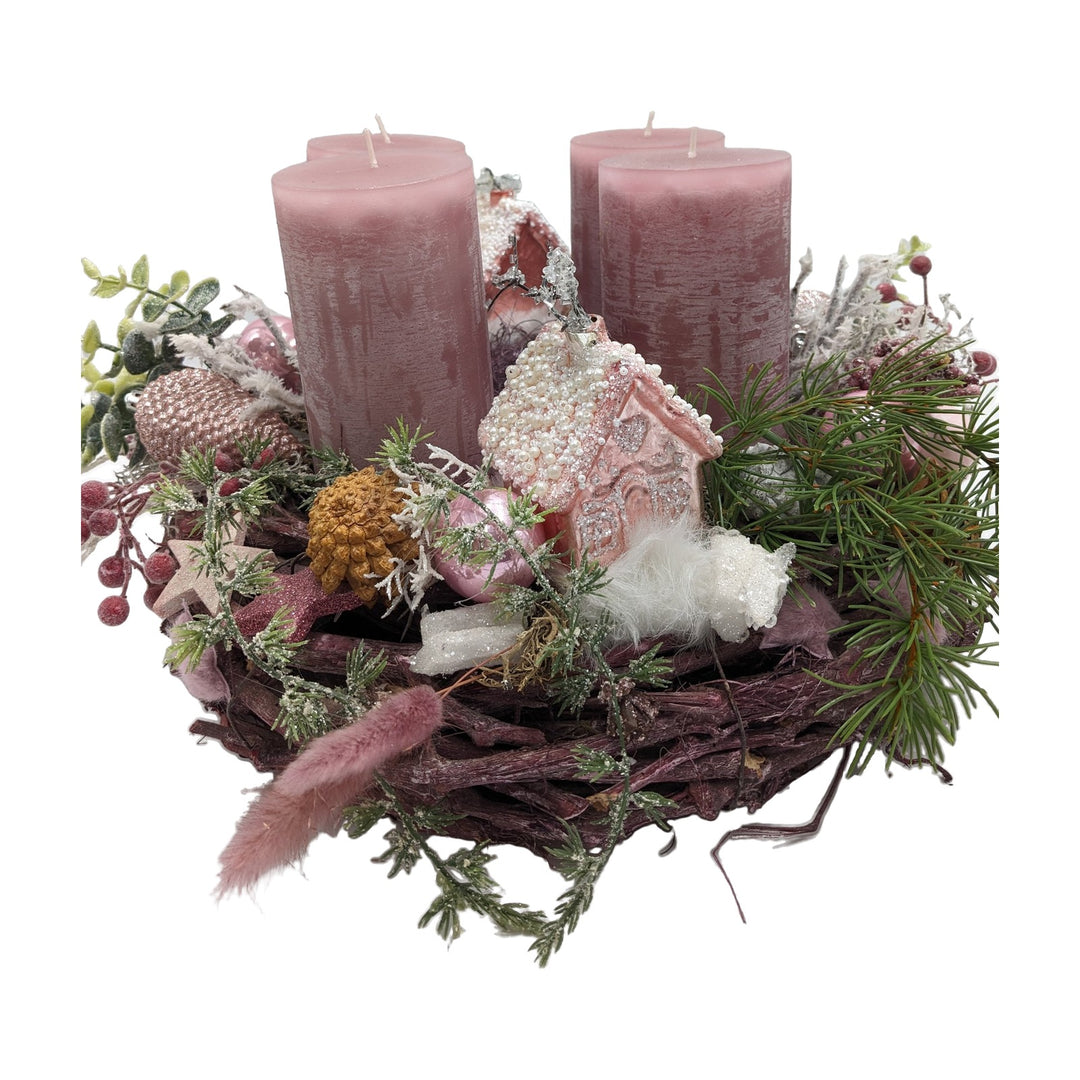 Freigestellt Adventsgesteck Kerzen Kugel Haus Stern rosa weiß