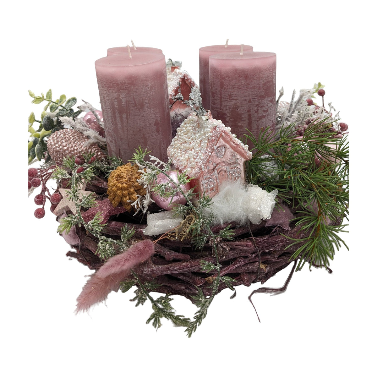 Freigestellt Adventsgesteck Kerzen Kugel Haus Stern rosa weiß