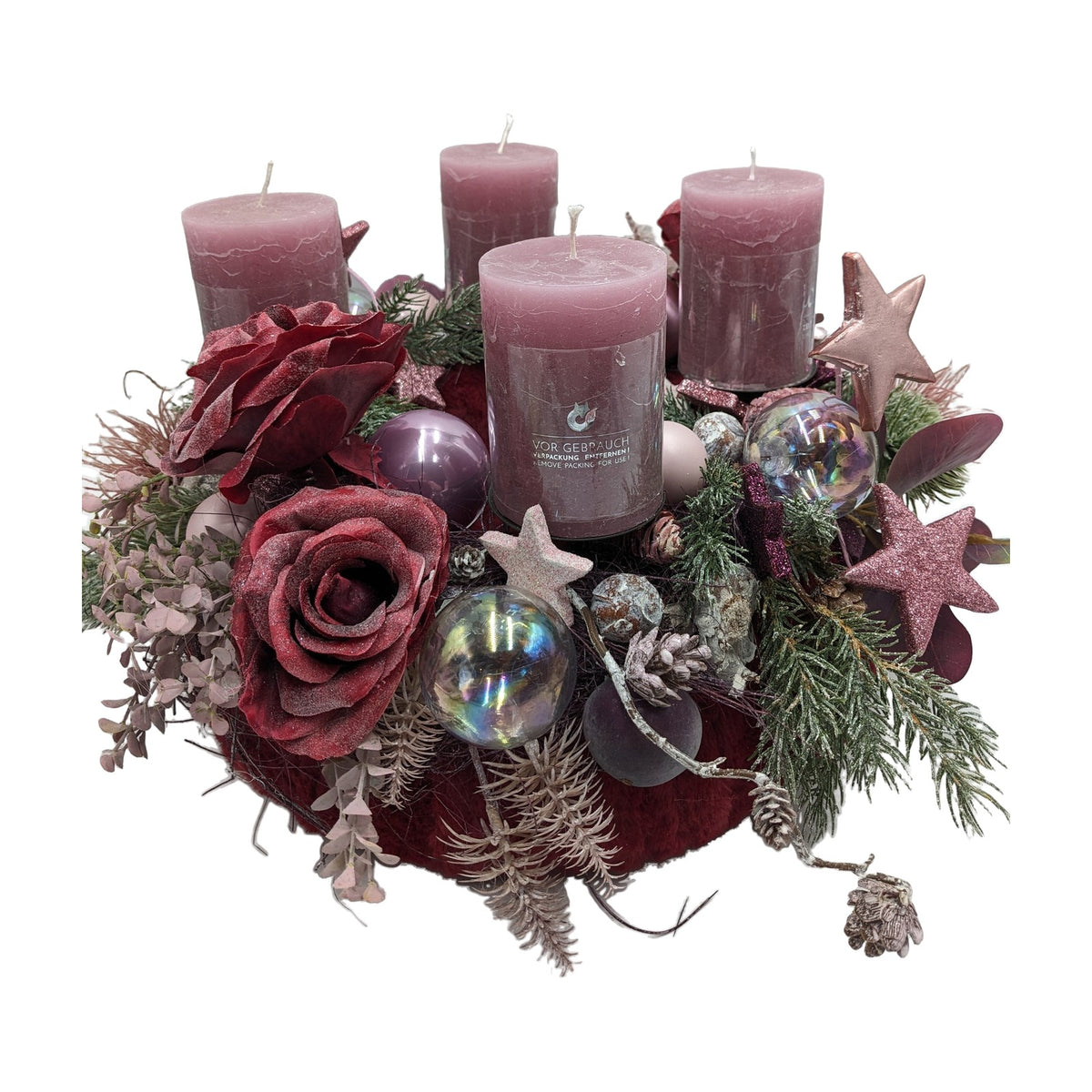 Freigestellt Adventsgesteck Rosen Kugeln Sterne rosa dunkelrot